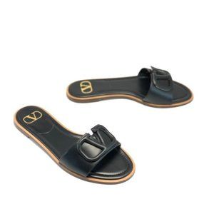 Valentino Garavani Black Vlogo Slides Flats Leather Vsling